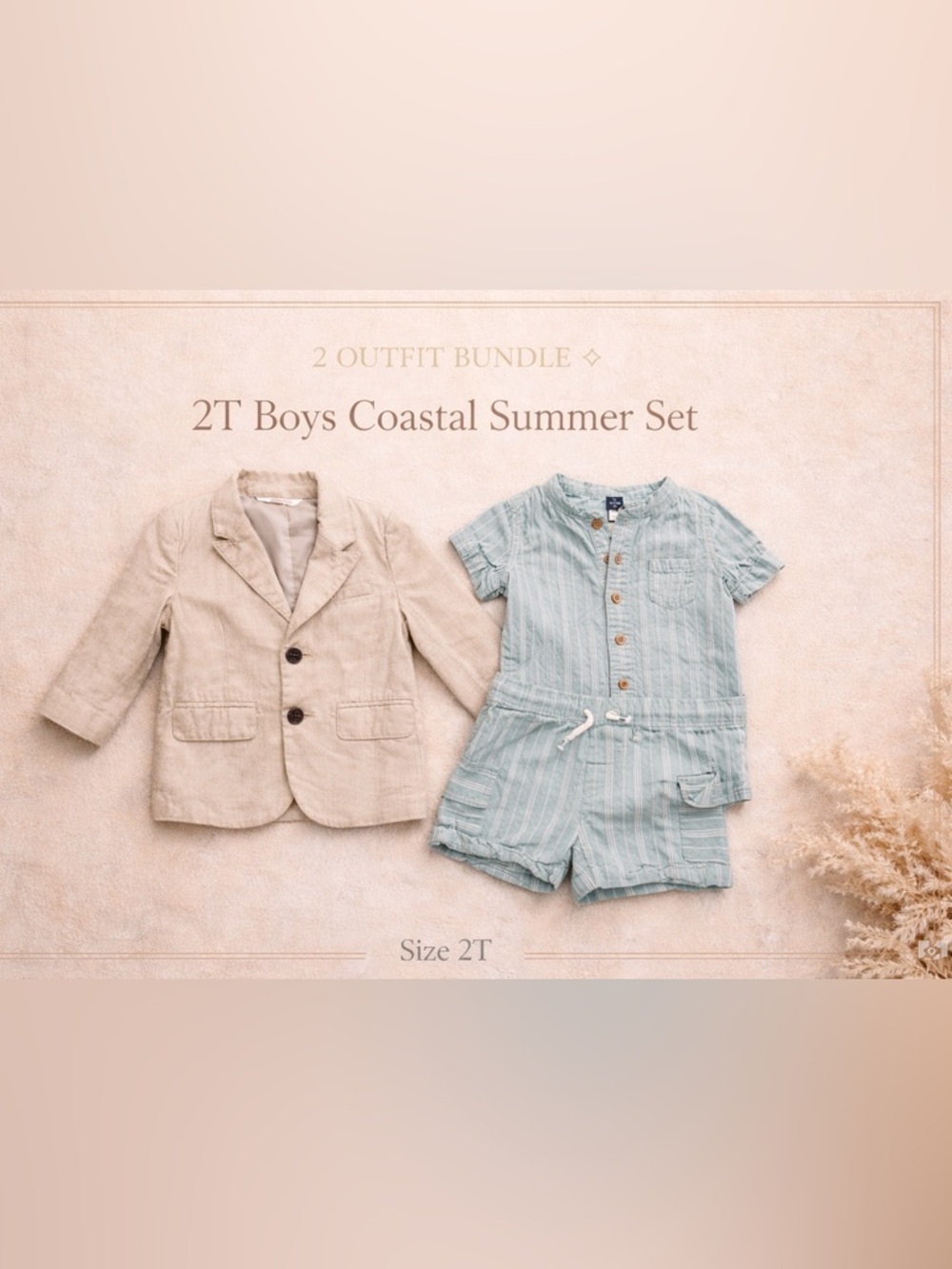 2T Boys Coastal Summer Bundle 🌊 Neutral Linen Blazer & Beach Set - Picture 2 of 4